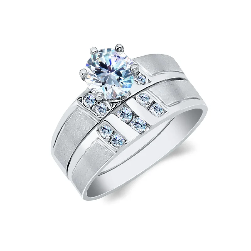 Rings For Icy Shine-14K Solid White Gold 1 Ct. Round Cut CZ Wedding Engagement Ring 2 Piece Bridal Set