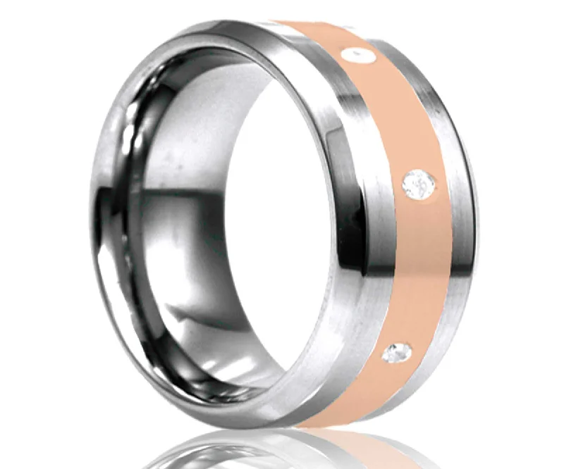 Rings For Frosty Springs-Men's Beveled Edge Tungsten Eternity Diamond Ring With Rose Gold Inlay