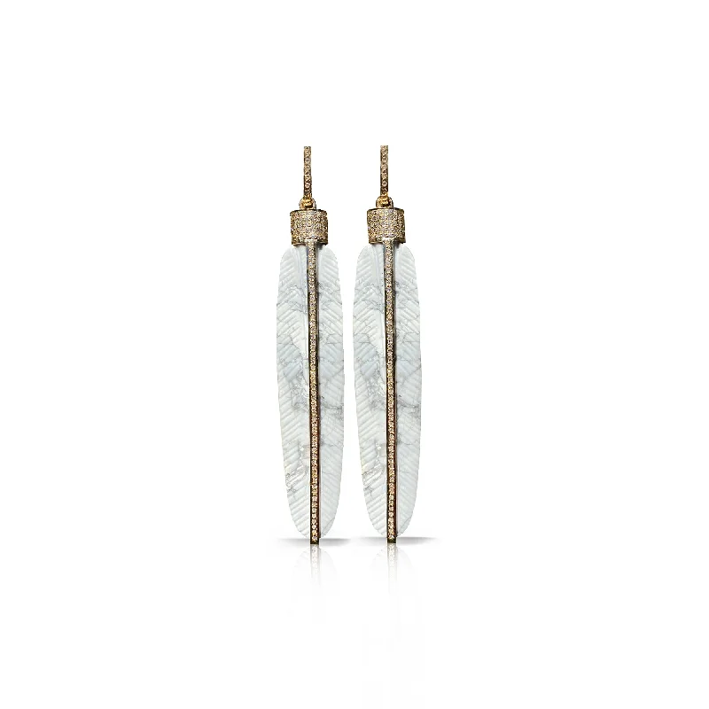 Earrings With Drape Ends-14k Carved Howlite Feather Earrings