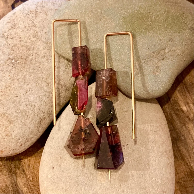 Earrings Grade Rules-Geometric Triple Tourmaline 14K Gold Earrings