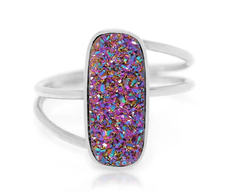 Rings Caliber Scores-Double Twist Rectangle Purple Rainbow Druzy Ring