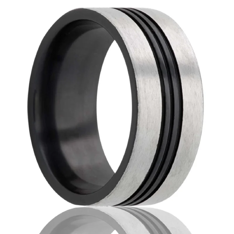 Rings Mend Hacks-Flat Zirconium Ring with Three Grooves