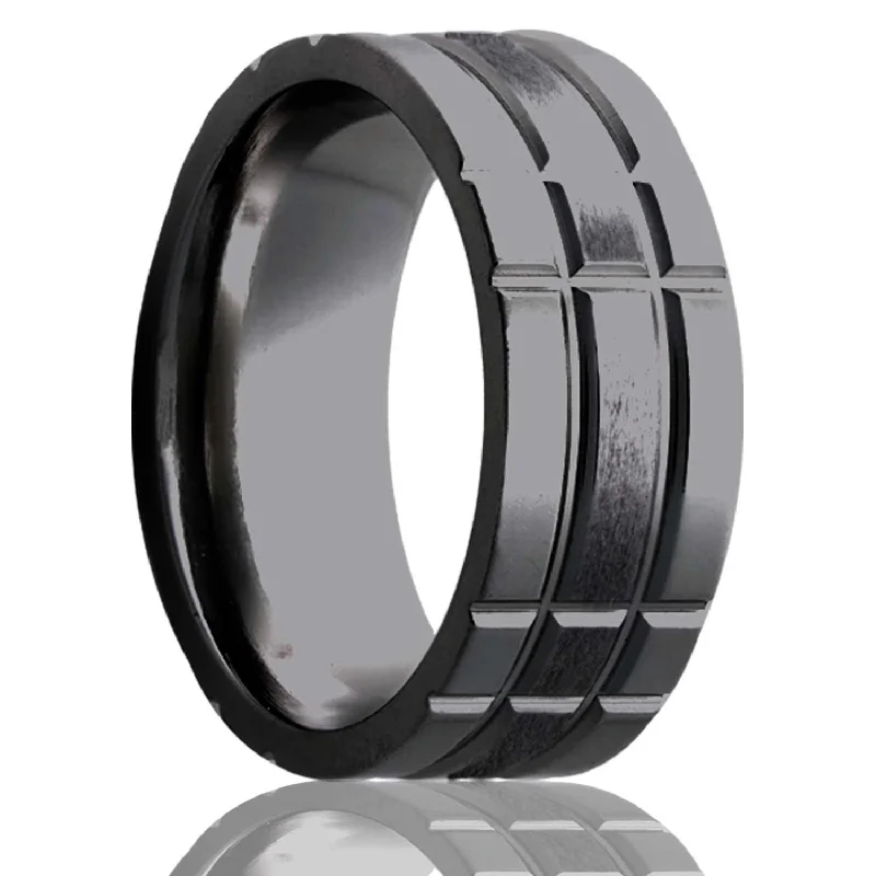 Rings With Secret Locks-Flat Zirconium Ring with a Milled Pattern