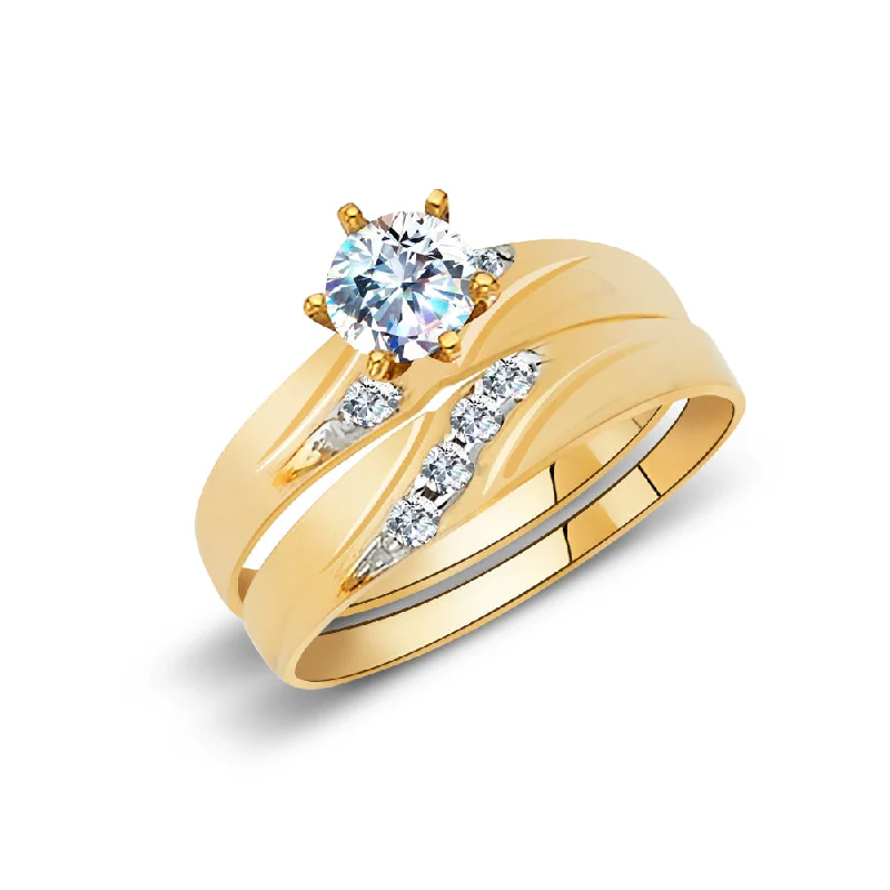 Rings For Loud Spark-14K Solid Gold Two Tone CZ Wedding Engagement Ring 2 Piece Bridal Set