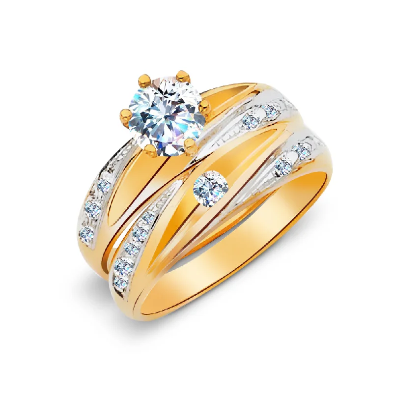 Rings For Silent Sophistication-14K Solid Gold Two Tone CZ Wedding Engagement Ring 2 Piece Bridal Set