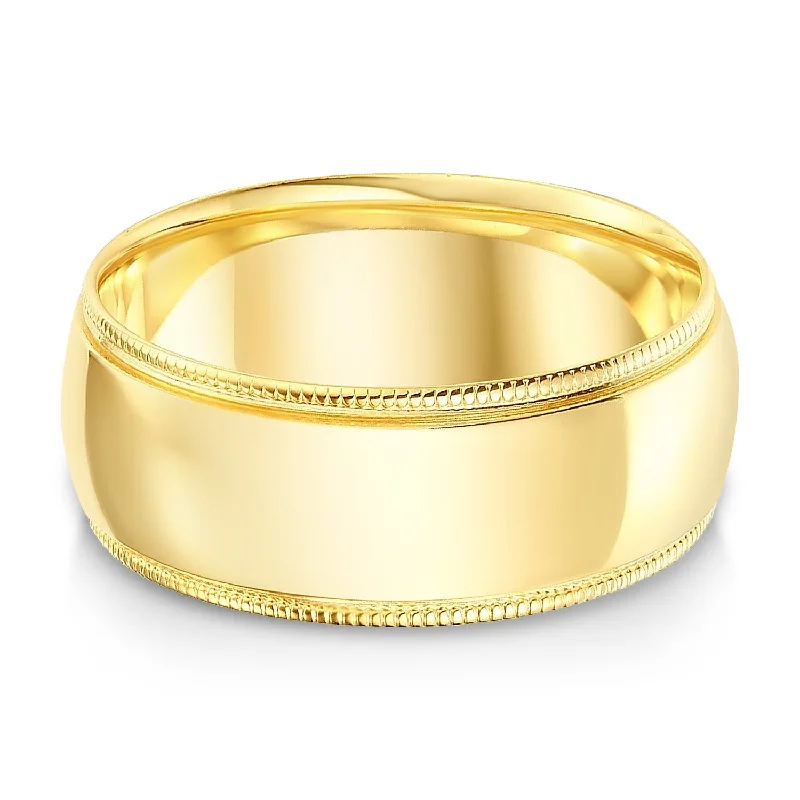 Rings For Vast Hands-14k Solid Gold 8mm Standard Classic Fit Milgrain Traditional Wedding Band Ring