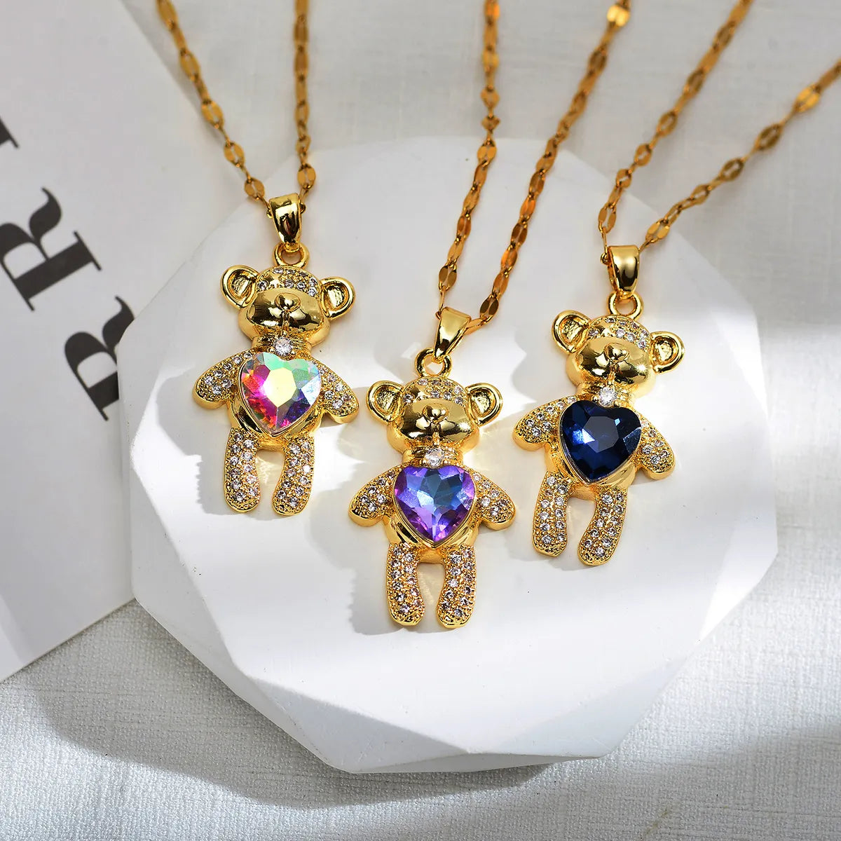 Necklaces For Bare Glow-Cute Animal Bear Heart Shape Titanium Steel Copper Inlay Zircon Pendant Necklace