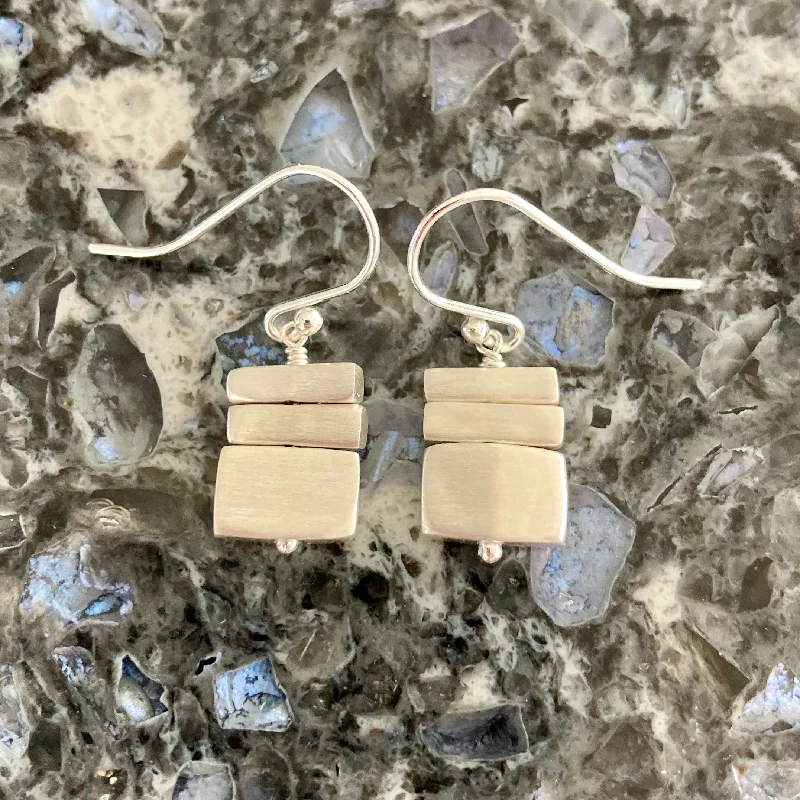 Earrings With Full Hoops-Stacked Brushed Sterling Silver Bars Earrings