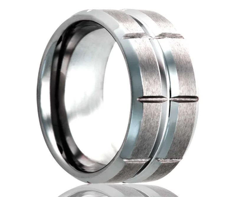 Rings Crystal Options-Men's Beveled Edge Tungsten Ring With Groves