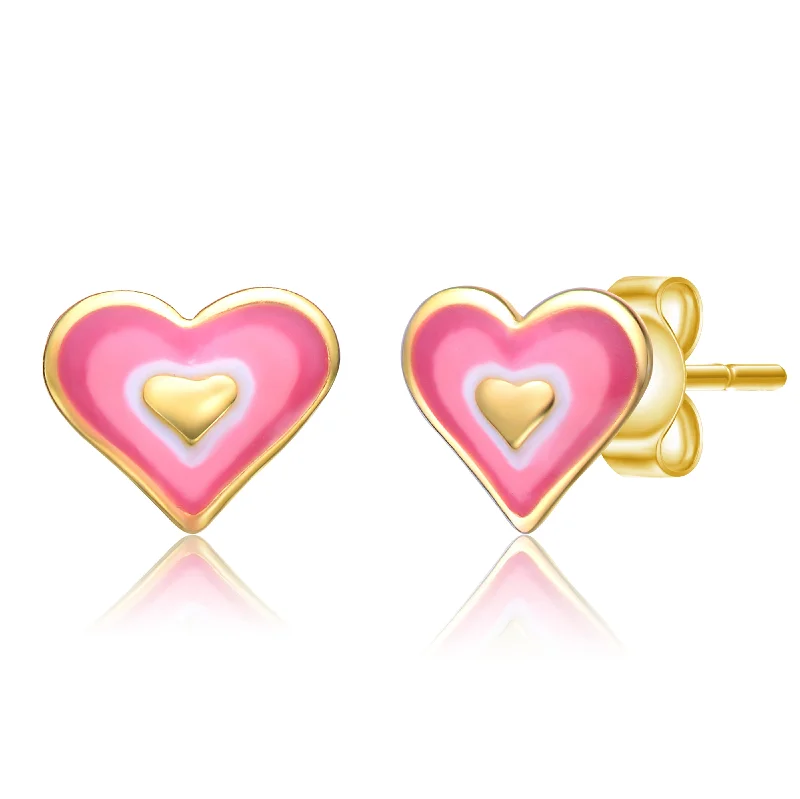 Green Form Earrings-Toddler/Kids 14K Gold Plated Pink & White Enamel Heart Stud Earrings