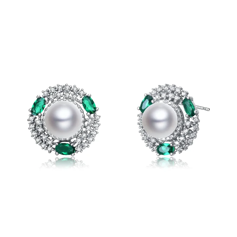 Fine Earrings For Sleek-Sterling Silver Pearl Emerald Cubic Zirconia and Rhodium Plating Stud Earrings