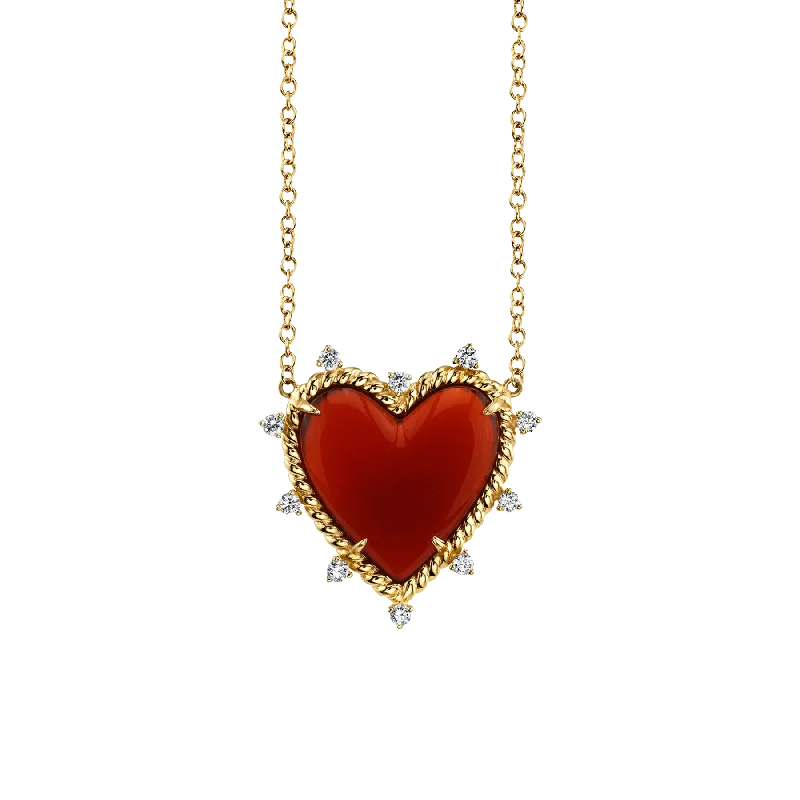 Necklaces Flash Guide-Heart Twist Necklace - White Diamond and Carnelian / 14k Yellow Gold