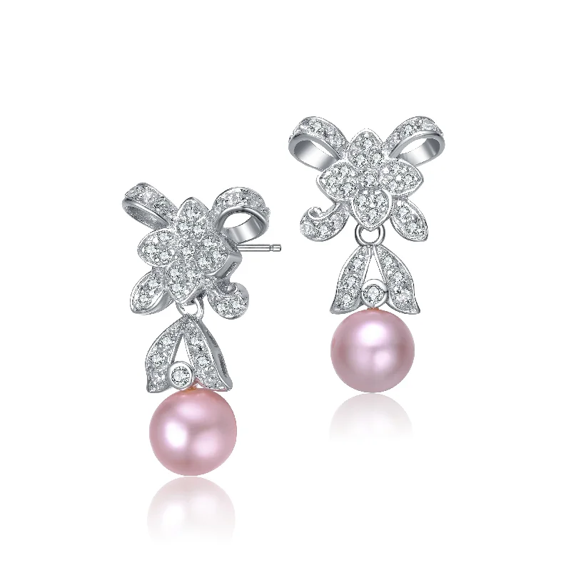 Earrings For Light Tones-Antoinette Bow and Flower Pink Earrings