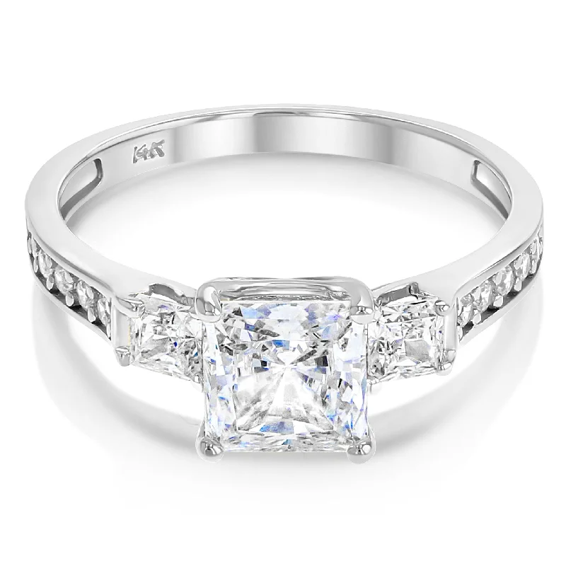 Rings For Cropped Styles-Three Stone Princess Cut Engagement Ring