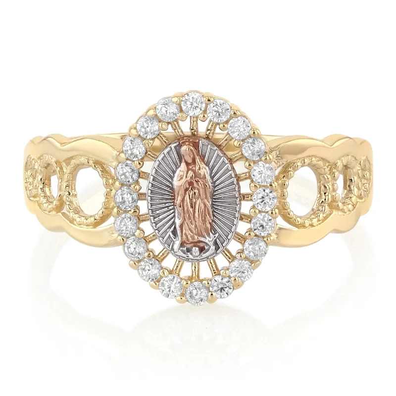 Rings Shimmer Tips-14K Solid Gold CZ Guadalupe Religious Fancy Ring