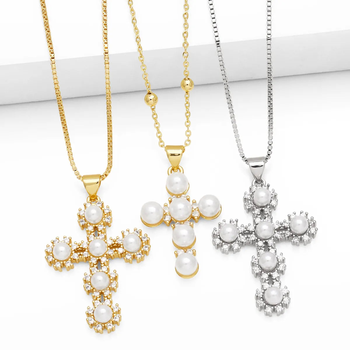 Necklaces Fresh Picks-Ig Style Vintage Style Fashion Cross Copper Plating Inlay Pearl Zircon 18k Gold Plated Necklace