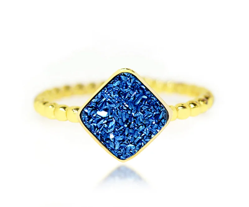 Reborn Rings-Small Square Blue Druzy 14k Gold Vermeil Ring