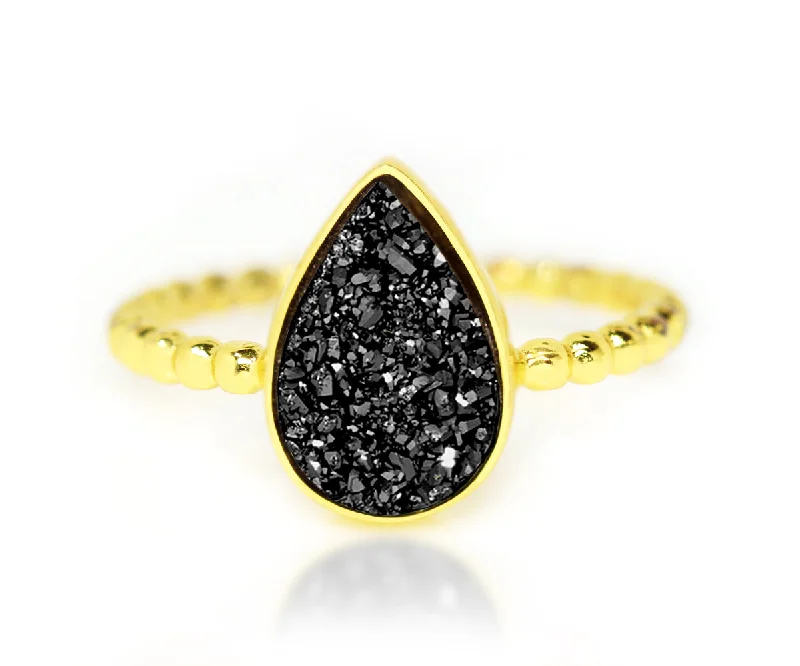 Rings Mend Rituals-Teardrop Black Druzy 14K Gold Ring