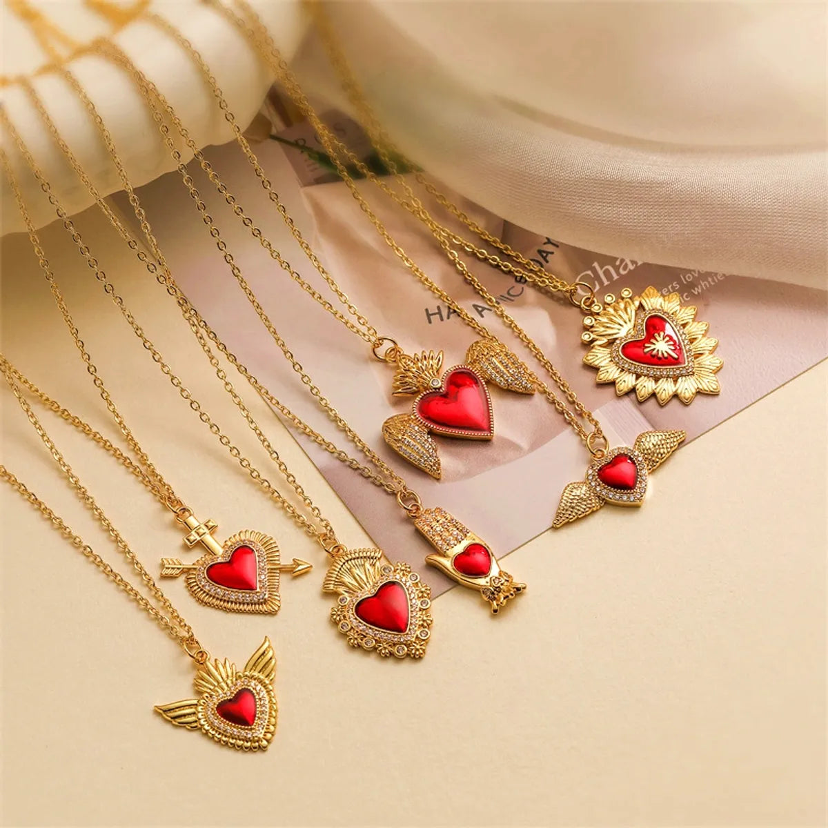 Necklaces For Hectic Days-Ig Style Simple Style Heart Shape Wings Copper Plating Inlay Zircon Gold Plated Pendant Necklace