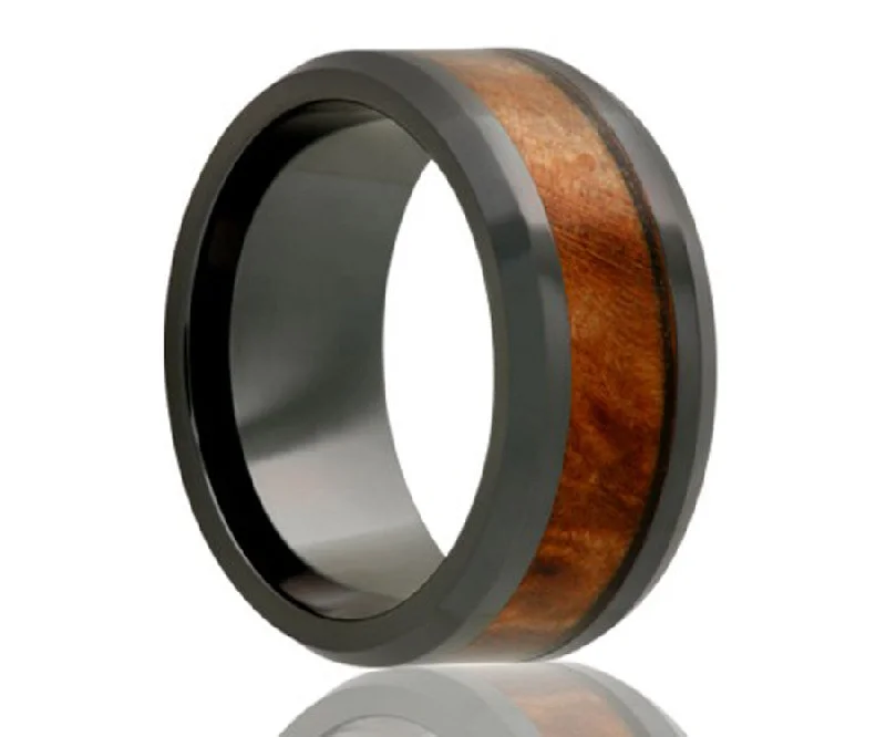 Rings With Suspended Charms-Black Diamond Ceramic Burl Wood Ring