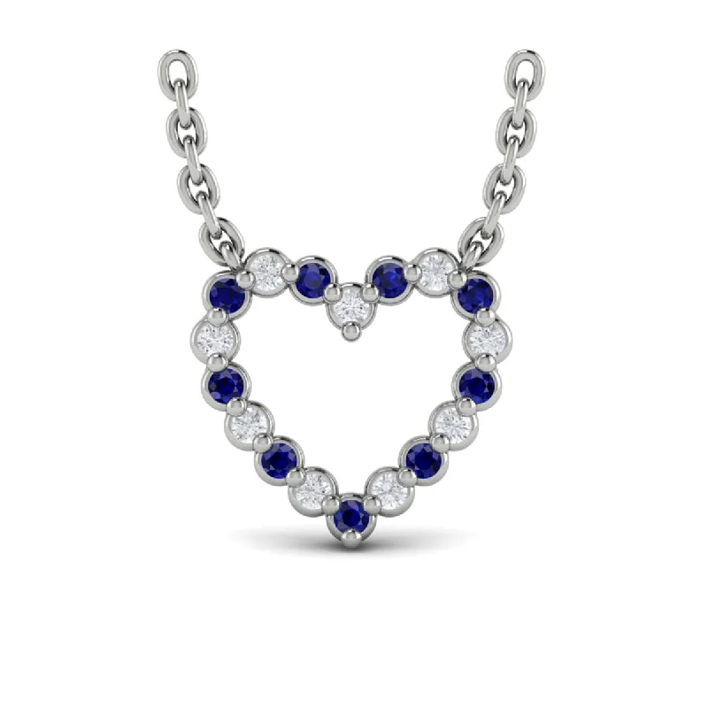 Necklaces For Wide Bands-Diamond and Blue Sapphire  Open Heart Pendant Link Necklace