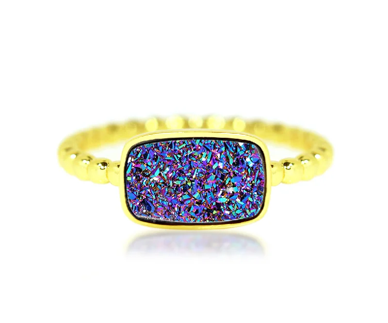 Rings Gleam Secrets-Horizontal Rectangle Purple Rainbow Druzy 14k Gold Ring