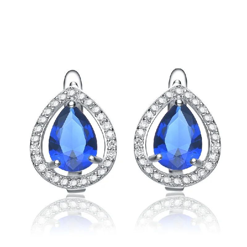 Best Build Earrings-Cubic Zirconia Sterling Silver Rhodium Plated Sapphire Tear Shape Earrings