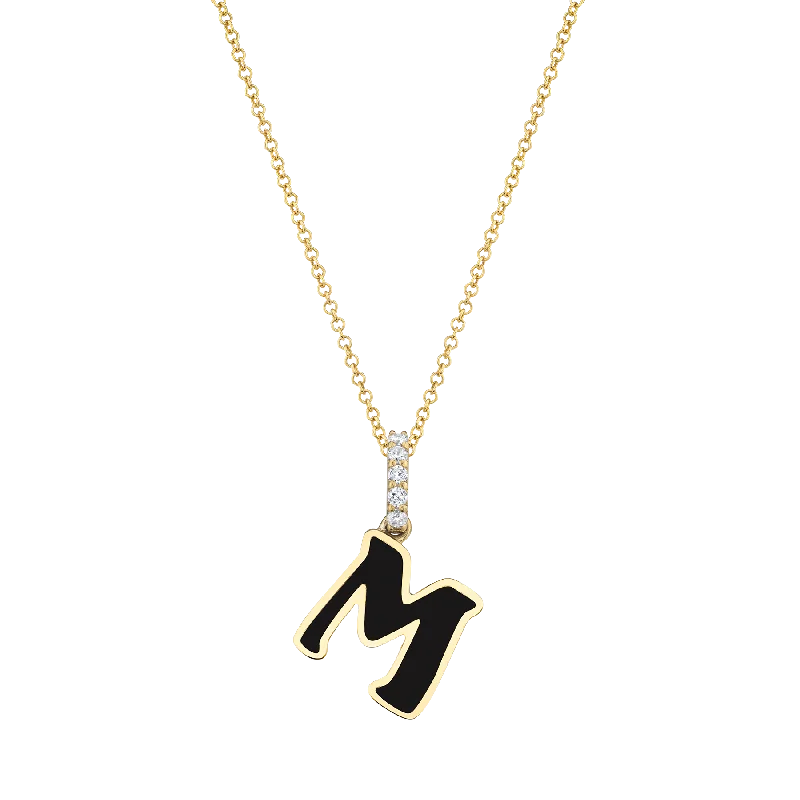 Necklaces For Town Pop-Enamel Letter Pendant - White Diamond and Black Enamel / 14k Yellow Gold