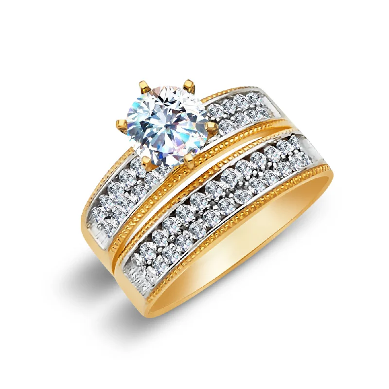 Rings Gleam Tricks-14K Solid Gold Two Tone CZ Wedding Engagement Ring 2 Piece Bridal Set