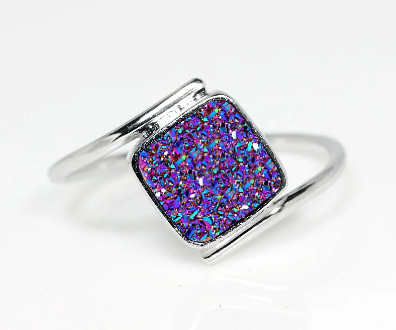 Rings For Clan Keepsakes-Bypass Square Purple Rainbow Druzy Ring