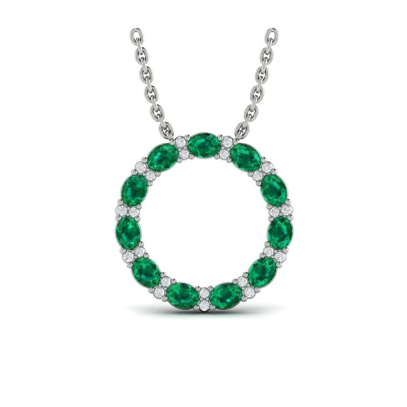 Necklaces Scale Options-Oval Emerald and Diamond Open Circle Pendant Necklace