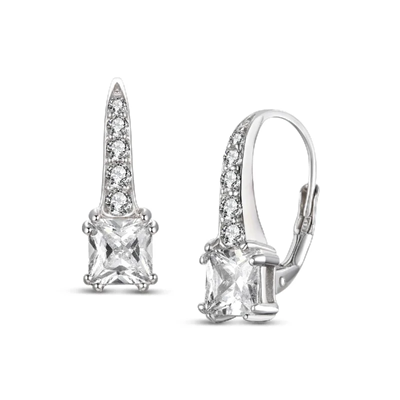 Earrings Range Rating-White Gold Plated Sterling Silver with Cubic Zirconia Leverback Earrings