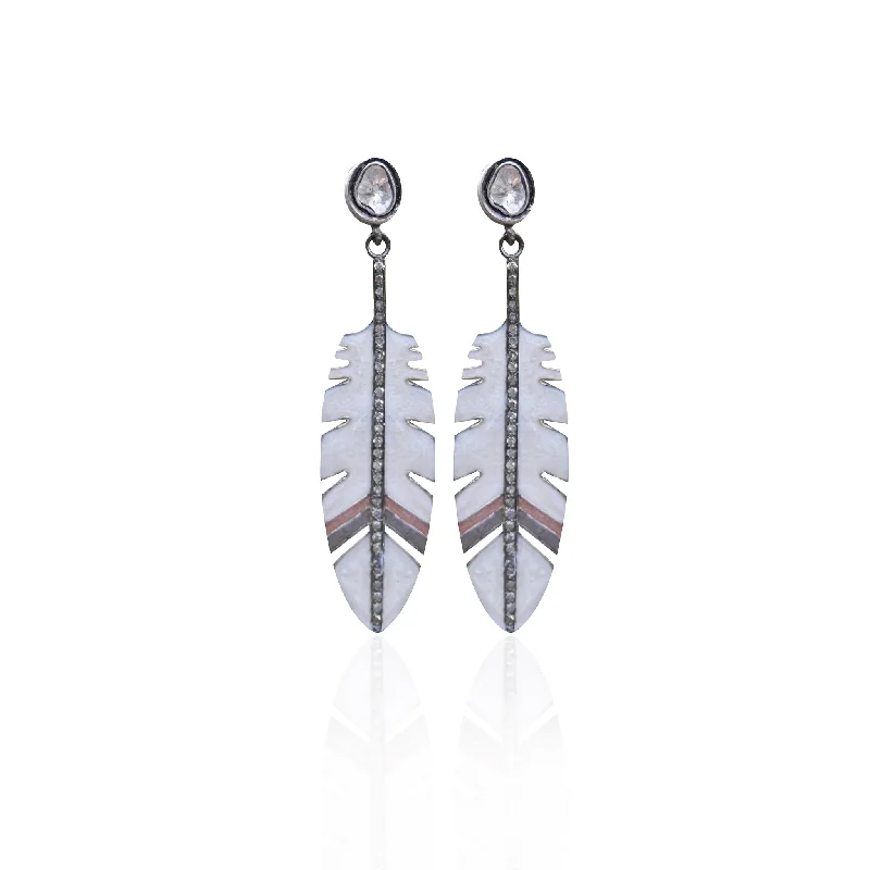 Earrings With Bone Accents-Sliced Diamond Enamel Feather Earrings