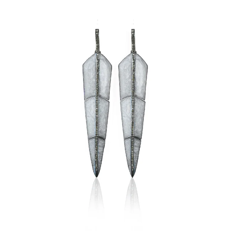 One-Off Earrings Designs-Pearl Grey Enamel Feather Earrings