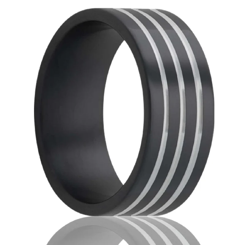 Rings For City Gleam-Flat Zirconium Band with Three Spaced Grooves