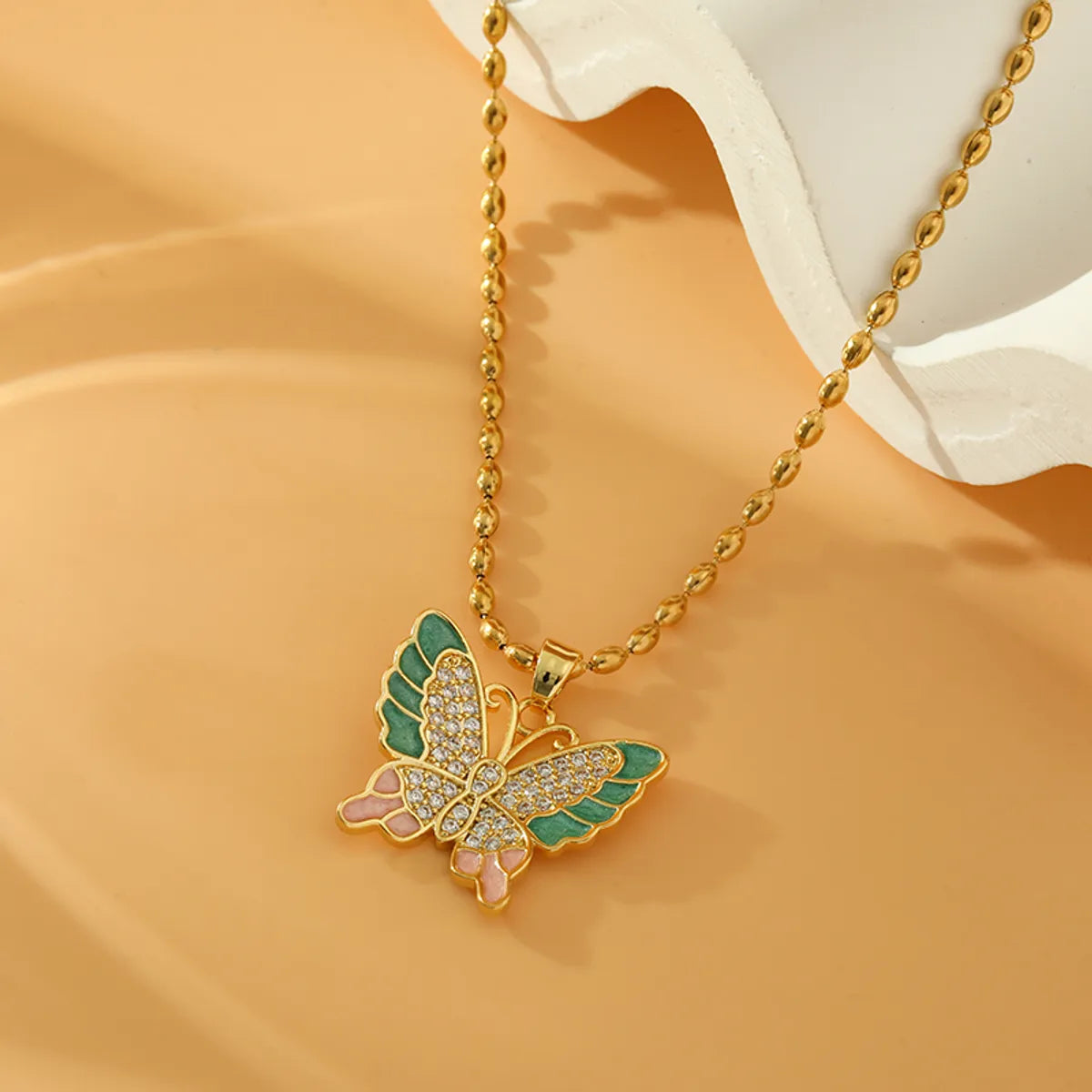 Necklaces With Rich Shades-Stainless Steel Copper 18K Gold Plated Sweet Butterfly Inlay Zircon Pendant Necklace