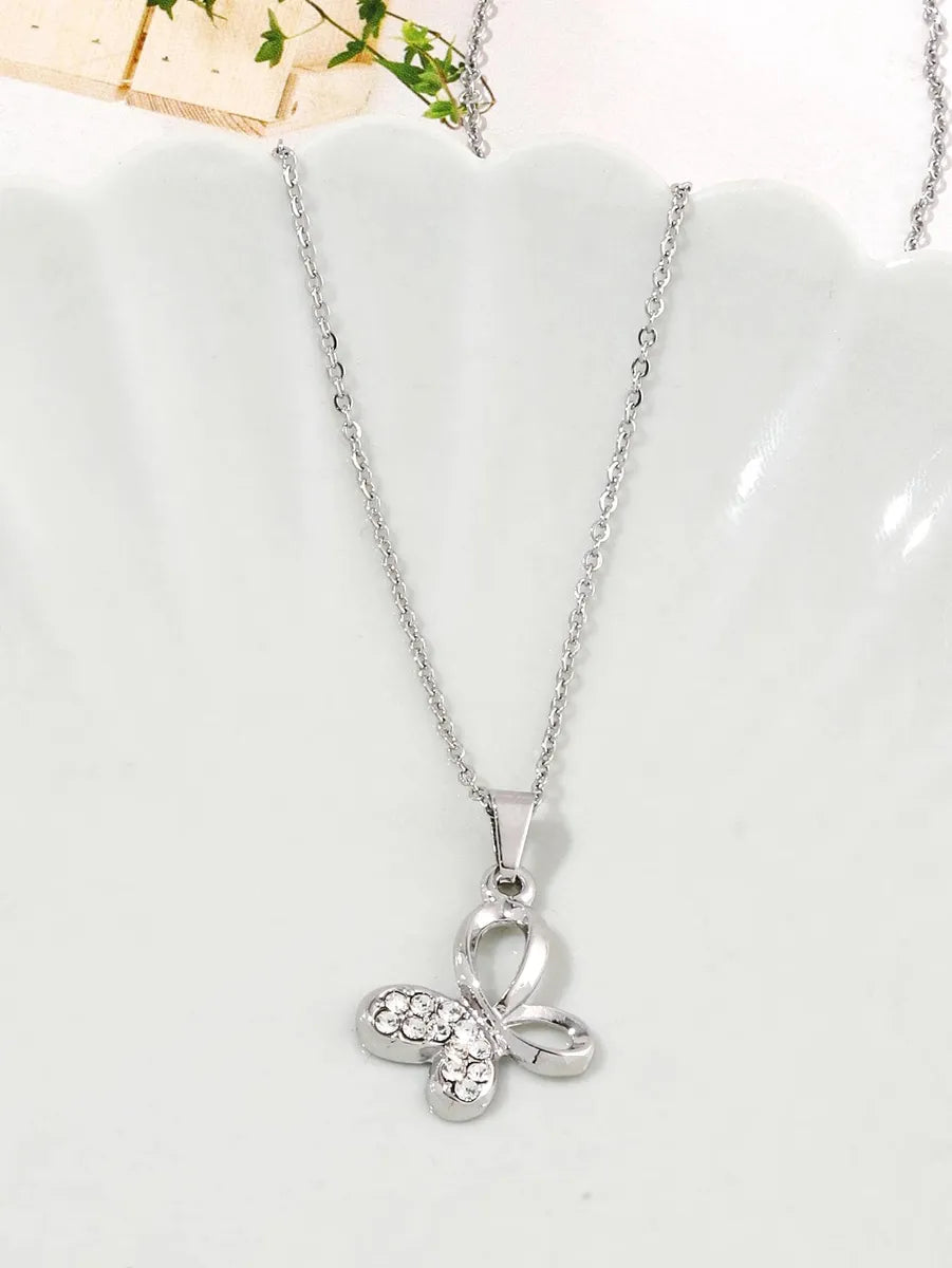 Prime Necklaces For Desk Wear-Stainless Steel Silver Plated Simple Style Shiny Butterfly Inlay Zircon Pendant Necklace