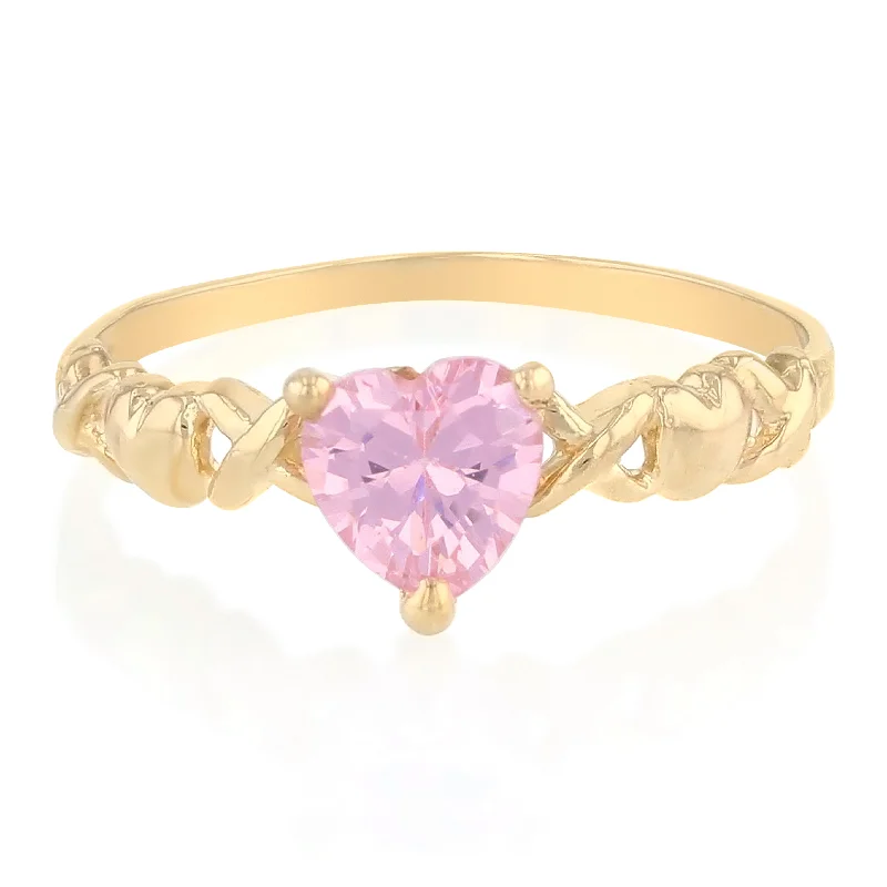 Rings Gleam Secrets-14K Solid Gold Pink Heart Shaped CZ Fancy Ring