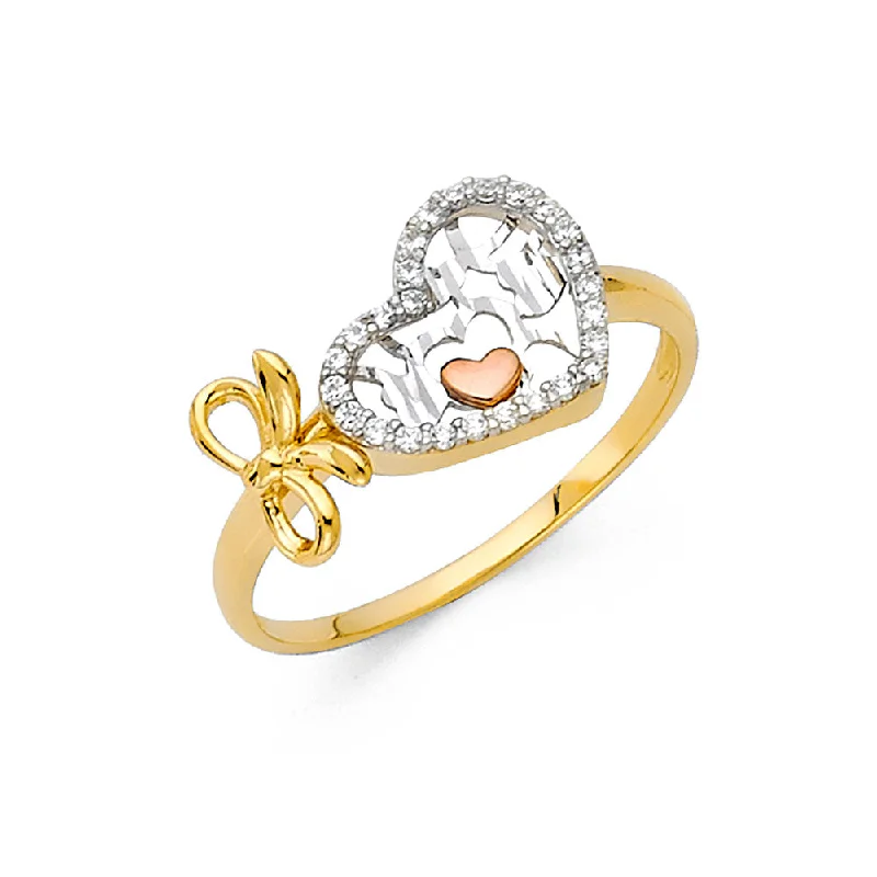 Rings For Hearthside Chats-14K Solid Gold Hearts with Bow CZ Fancy Ring