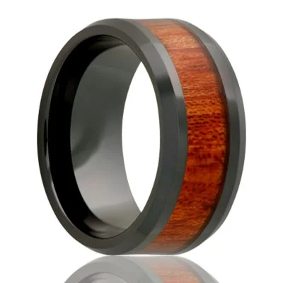 Top Forge Rings-Black Diamond Ceramic Ring with Blood Wood Inlay