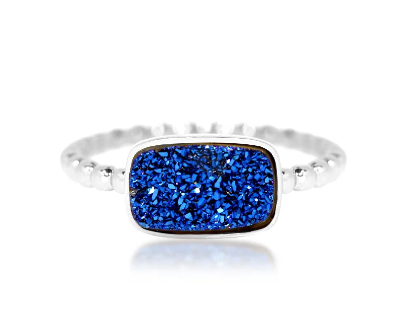 Rings For Velvet Galas-Horizontal Rectangle Sapphire Blue Druzy Ring