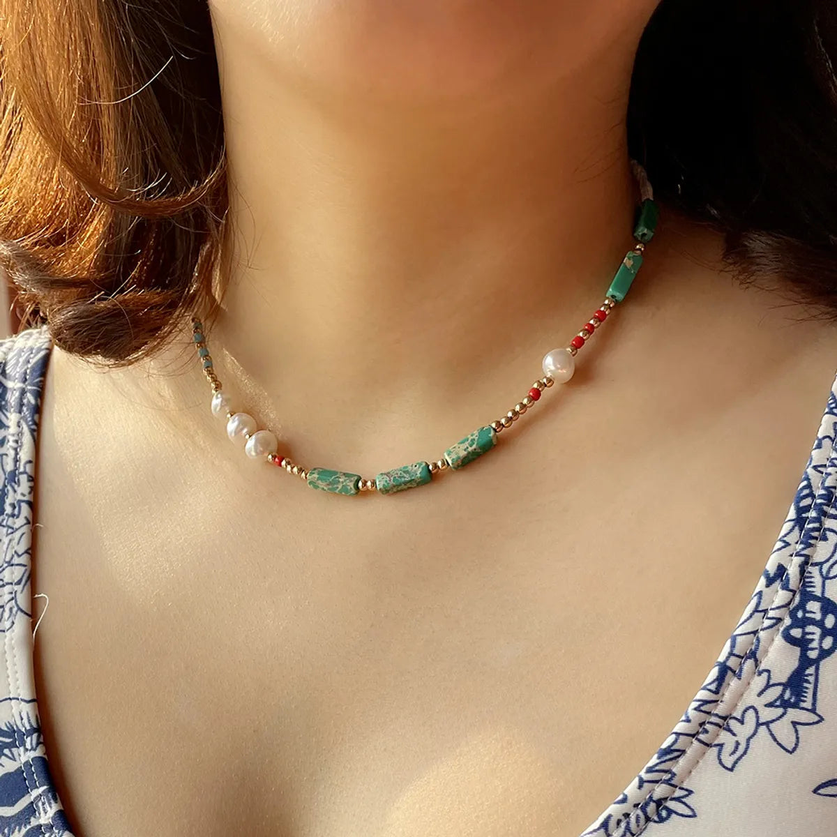 Necklaces With Quartz Bits-Boho Pearl Necklace Female Summer Agate Green Semi-precious Stone Necklace