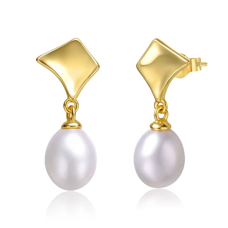 Earrings For Mild Tones-Sterling Silver 14k Yellow Gold with White Pearl Drop Geometric Shield Retro Dangle Earrings