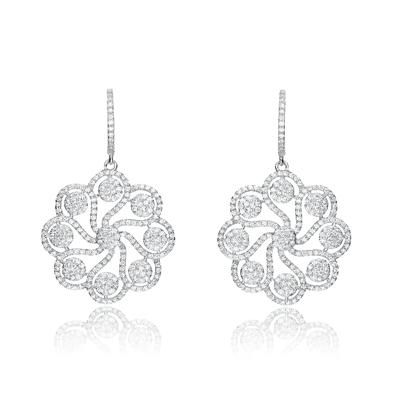 Earrings For Flash Looks-CZ SS Rhodium Plated Round Flower Drop Earrings