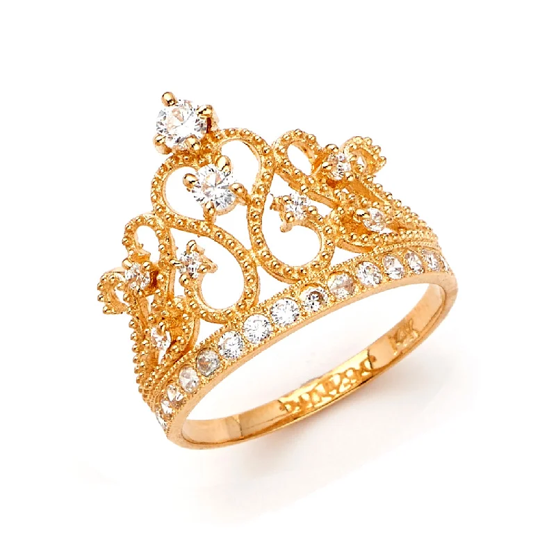 Rings For Noir Mystique-14K Solid Gold CZ Princess Crown Ring