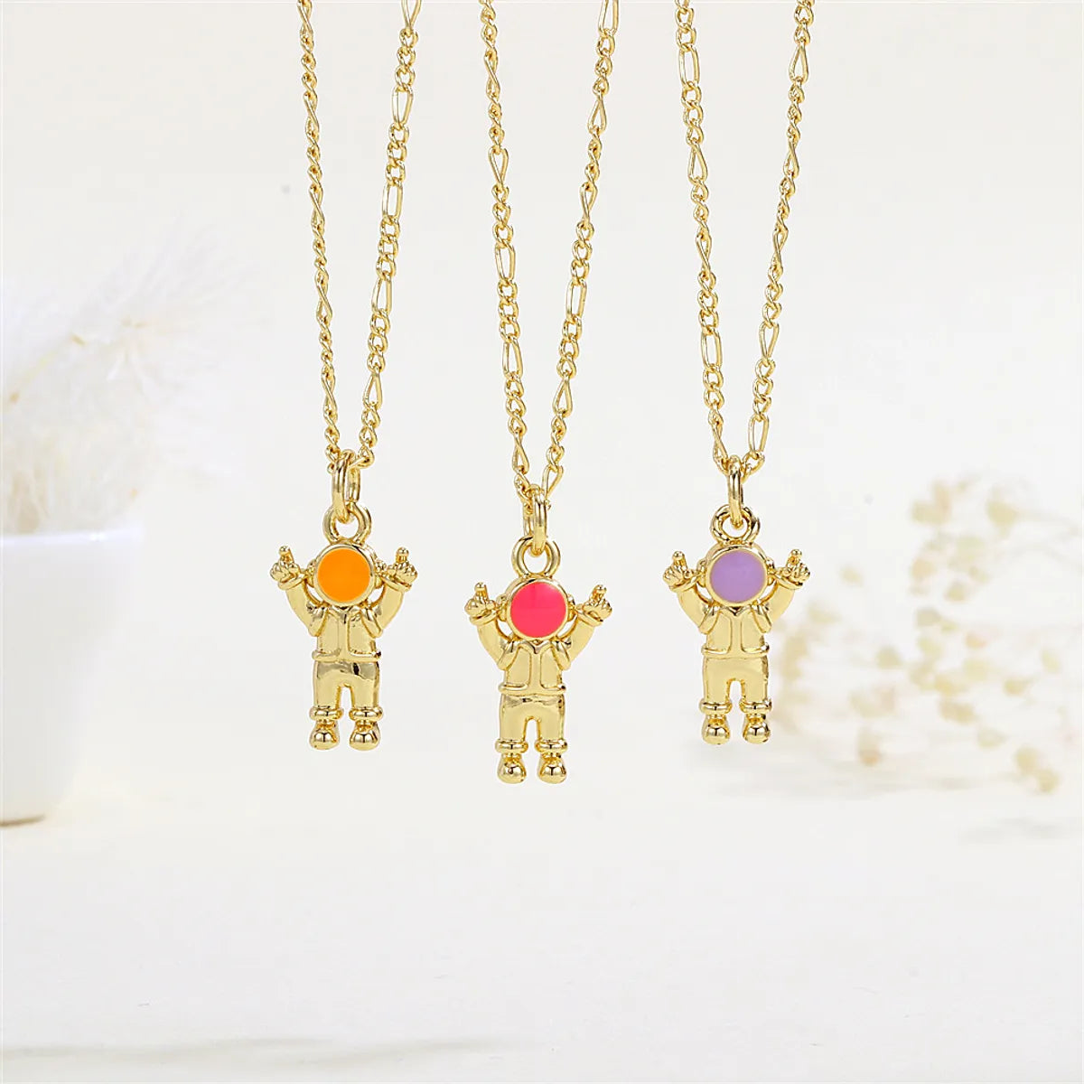 Necklaces For Thick Hair-Copper 18K Gold Plated Enamel Astronaut Pendant Necklace