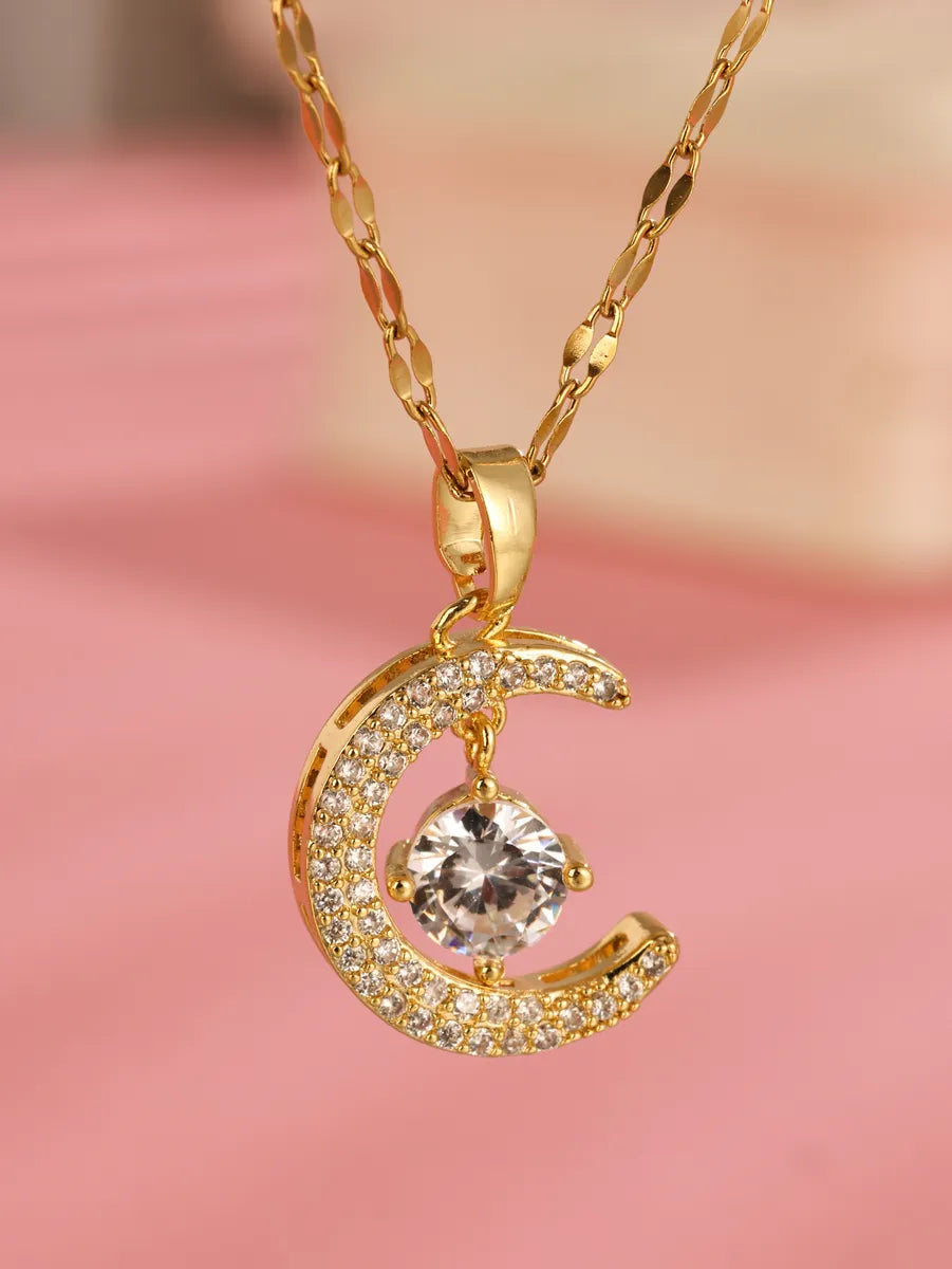 Necklaces For High Lines-Elegant Moon Stainless Steel Plating Hollow Out Inlay Zircon 18k Gold Plated Pendant Necklace