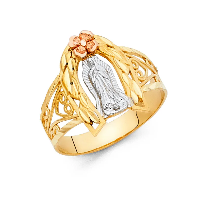 Rings Slip Rules-14K Solid Gold Guadalupe & Flower Religious Ring