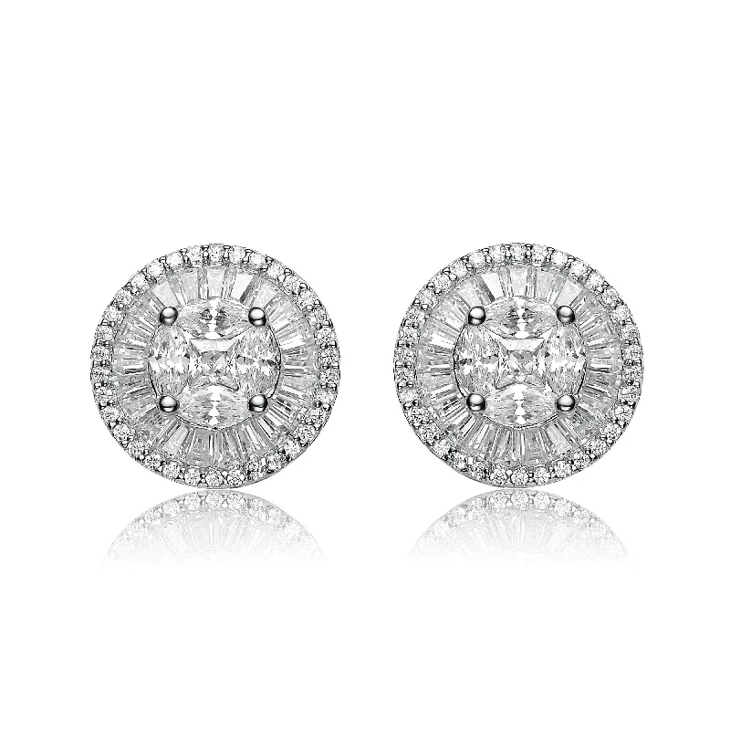 Earrings Wipe Guide-CZ Rhodium Plated Round Baguette Earrings