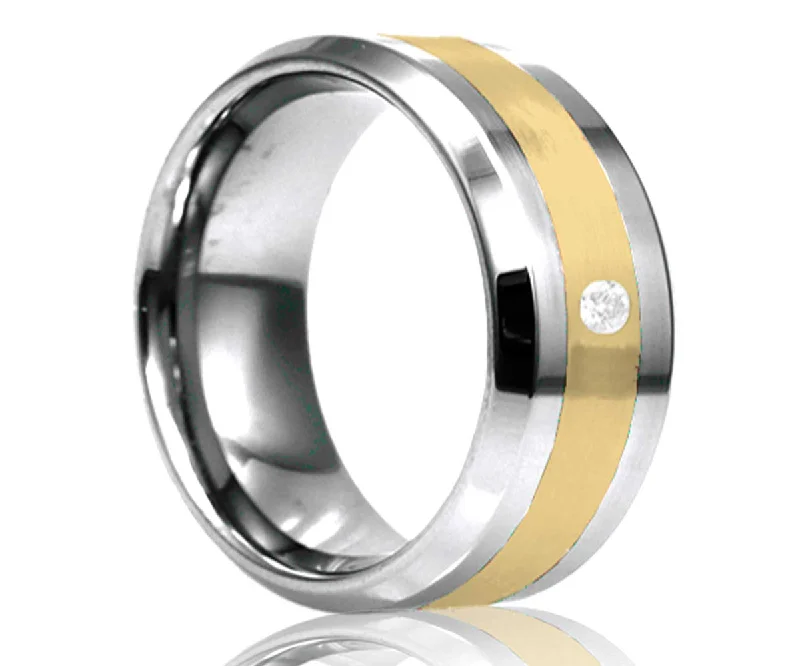 Rings For Starry Vibes-Men's Beveled Edge Tungsten Ring Yellow Gold Inlay And One Stone